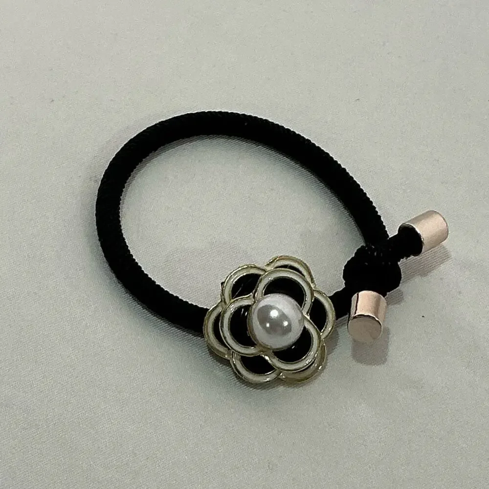 Camellia Flower Black Hair Tie with Gold Flower and Pearl Accent